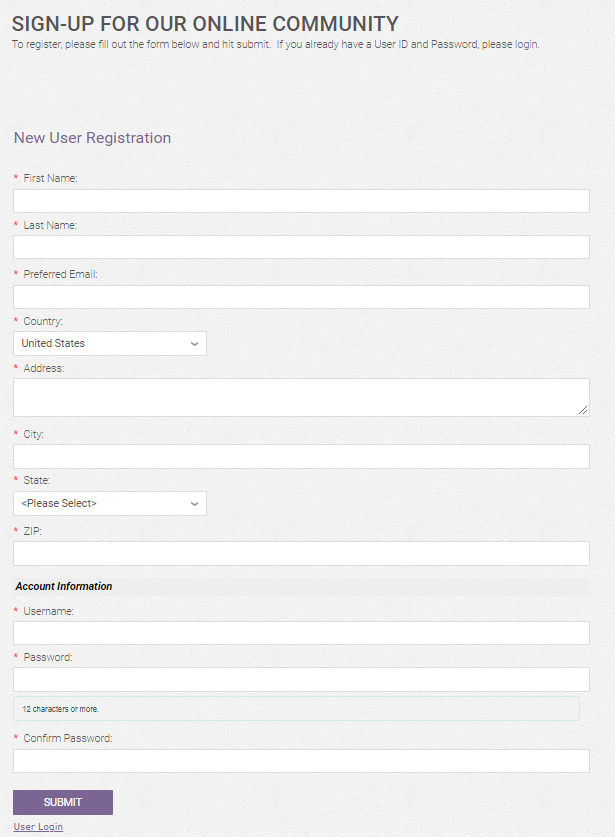 Create new user account form snapshot
